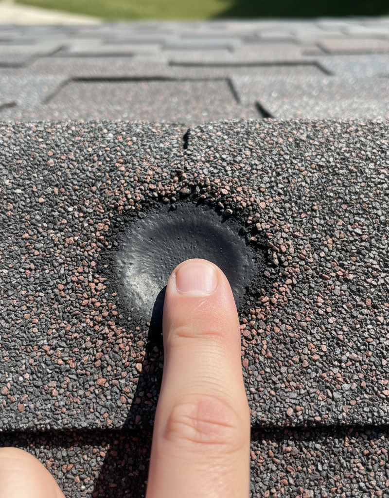 Close-up of hail damage on a gray asphalt roof shingle, showing a dark, circular bruise where granules have been knocked off.
