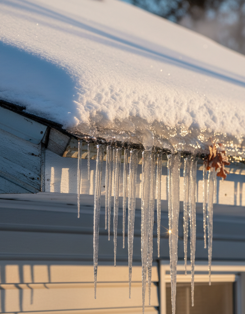 Large icicles hanging from the gutters of a home in winter, indicating the presence of a dangerous ice dam on the roof.