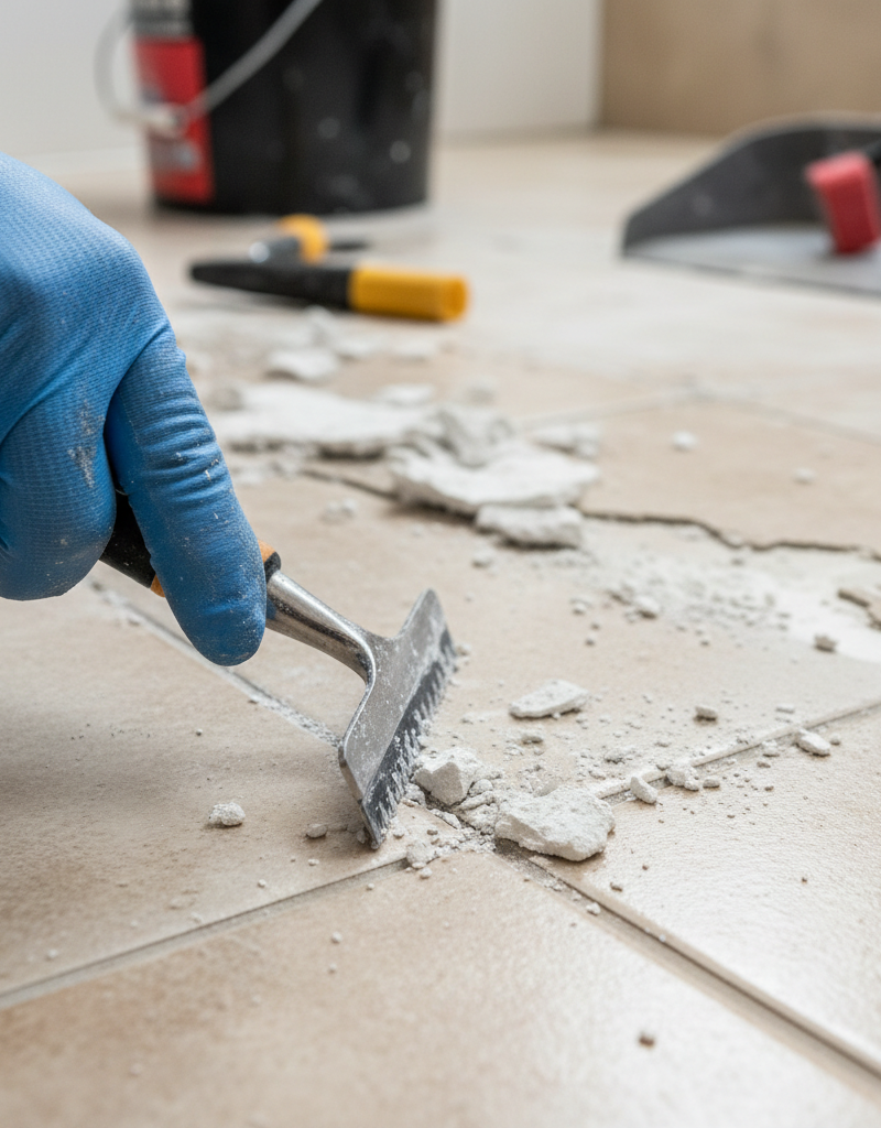 A person carefully scraping out old, cracked white grout from between light gray floor tiles with a handheld grout removal tool.