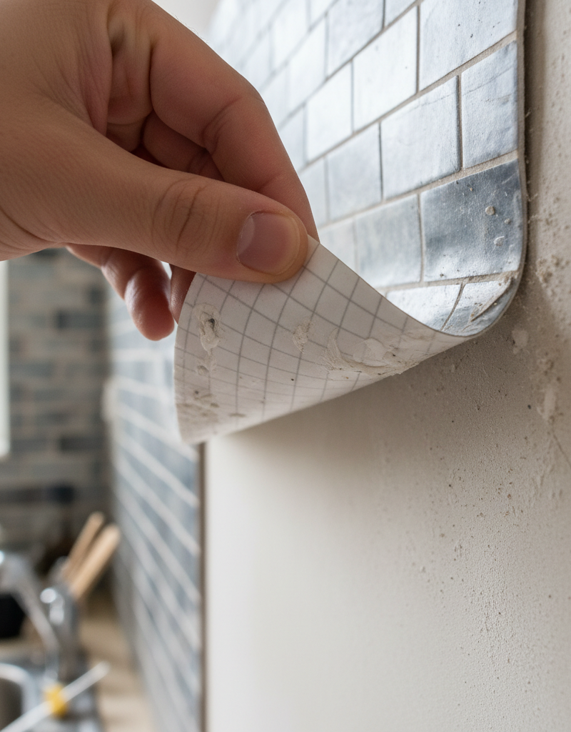 A close-up of a peel-and-stick backsplash tile peeling off a poorly prepared kitchen wall, revealing the failed adhesive.