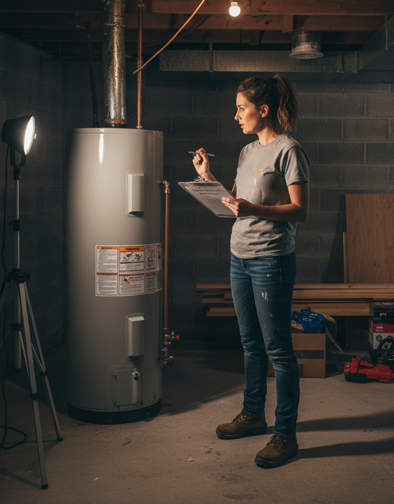 A homeowner consults a home maintenance checklist while inspecting their water heater.