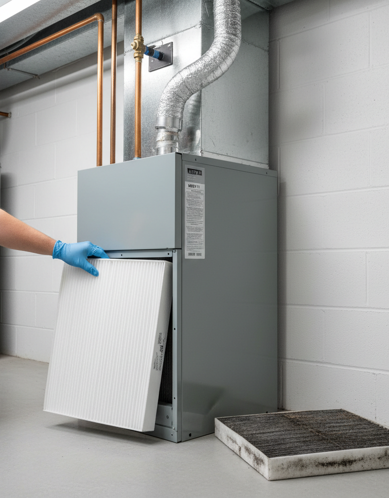 A person performing a monthly home maintenance check by replacing a dirty HVAC air filter to prevent expensive repairs.