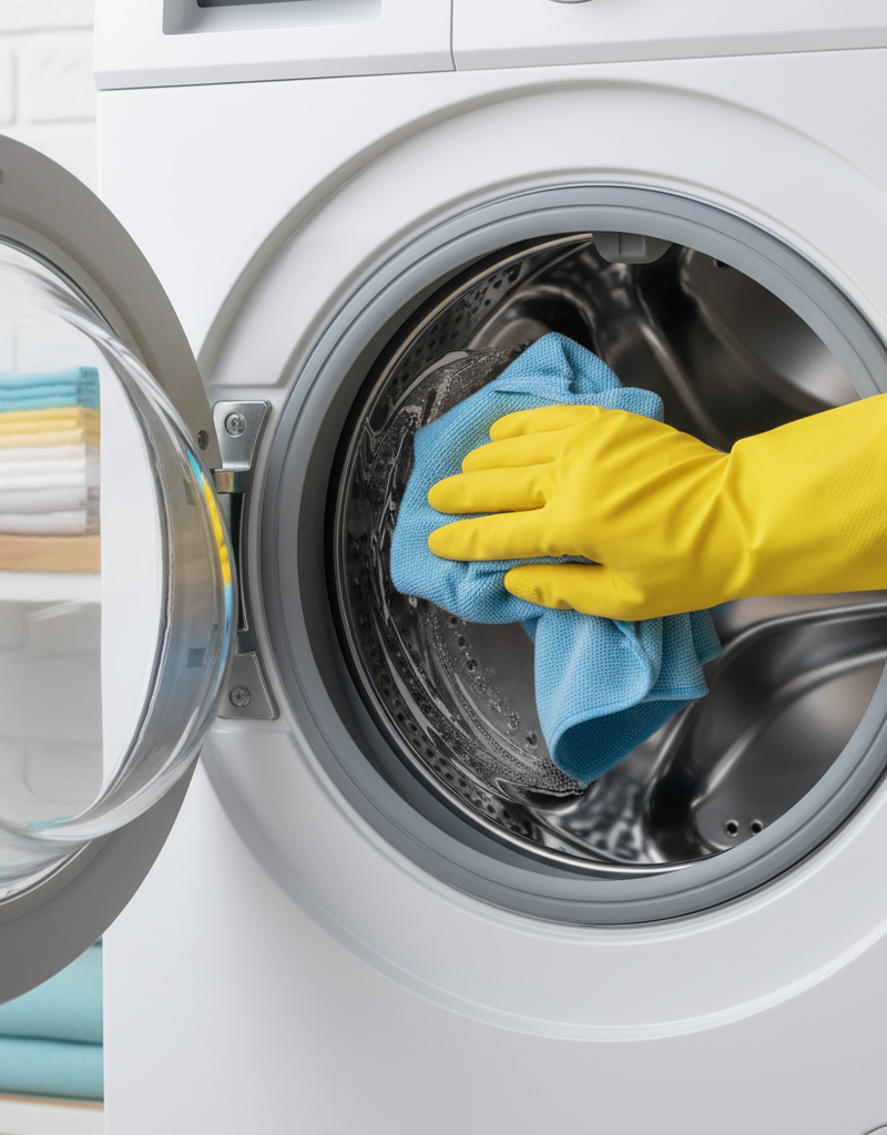 A person cleaning the inside of a front-load washing machine to remove mildew and smells.