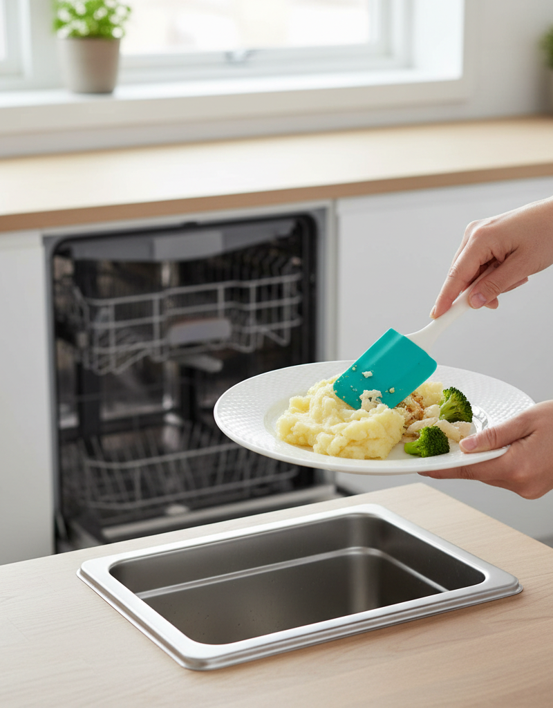 A person scraping a plate before loading it into the dishwasher, demonstrating the correct first step.