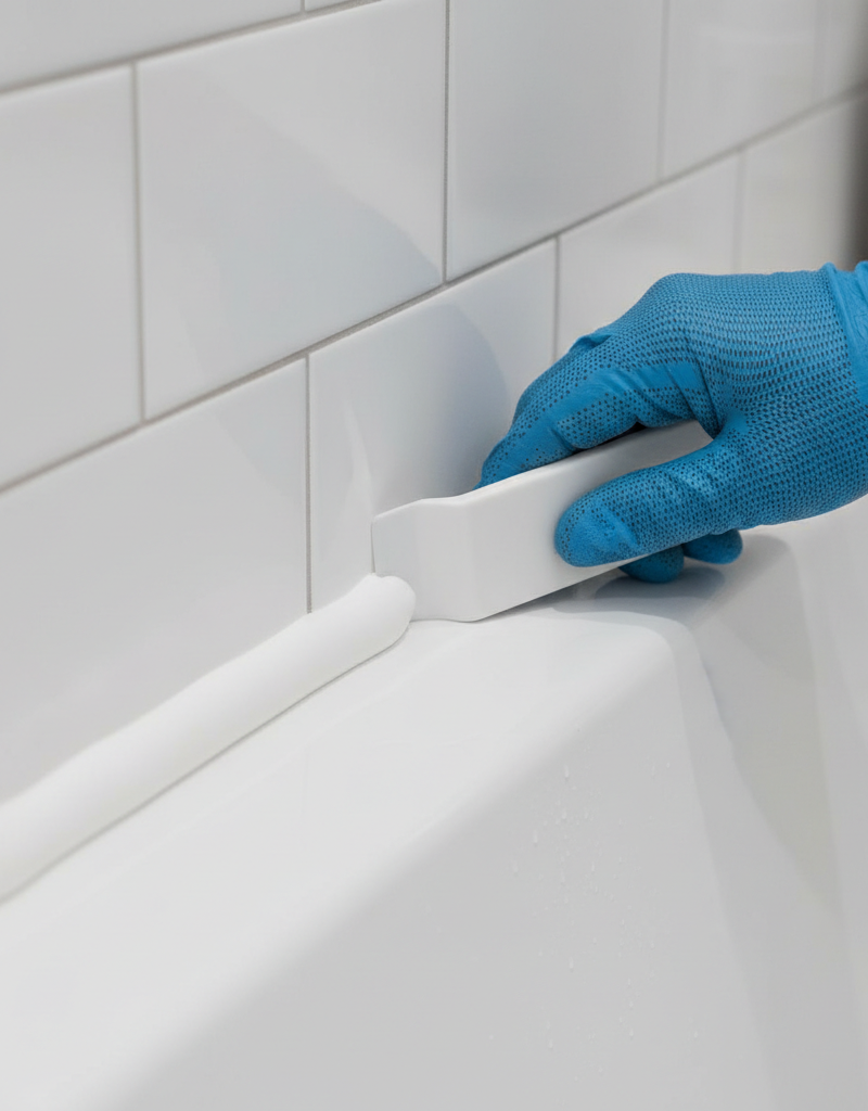 A hand tooling a new, perfectly smooth bead of white caulk at the joint of a bathtub and tile wall.