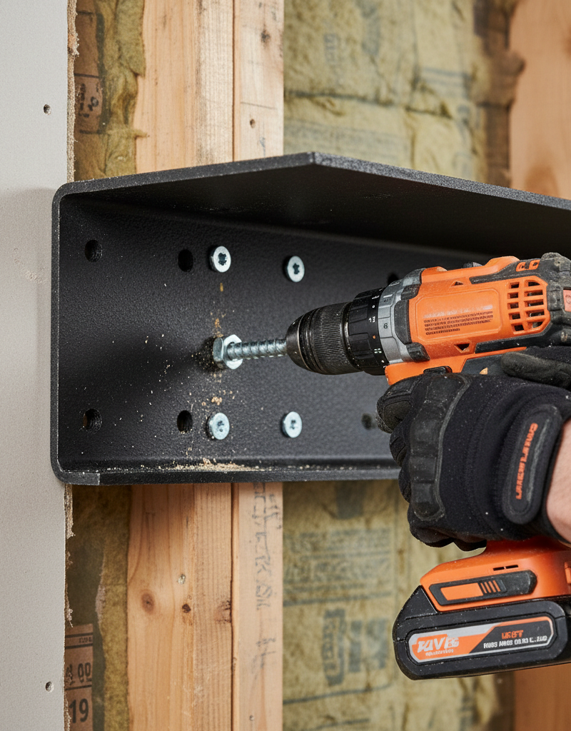 A person installing a heavy-duty floating shelf bracket by drilling a lag screw into a wall stud.