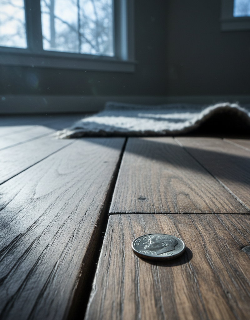 A close-up view of dark hardwood floor planks with visible gaps between them, a common issue in winter due to wood shrinkage.