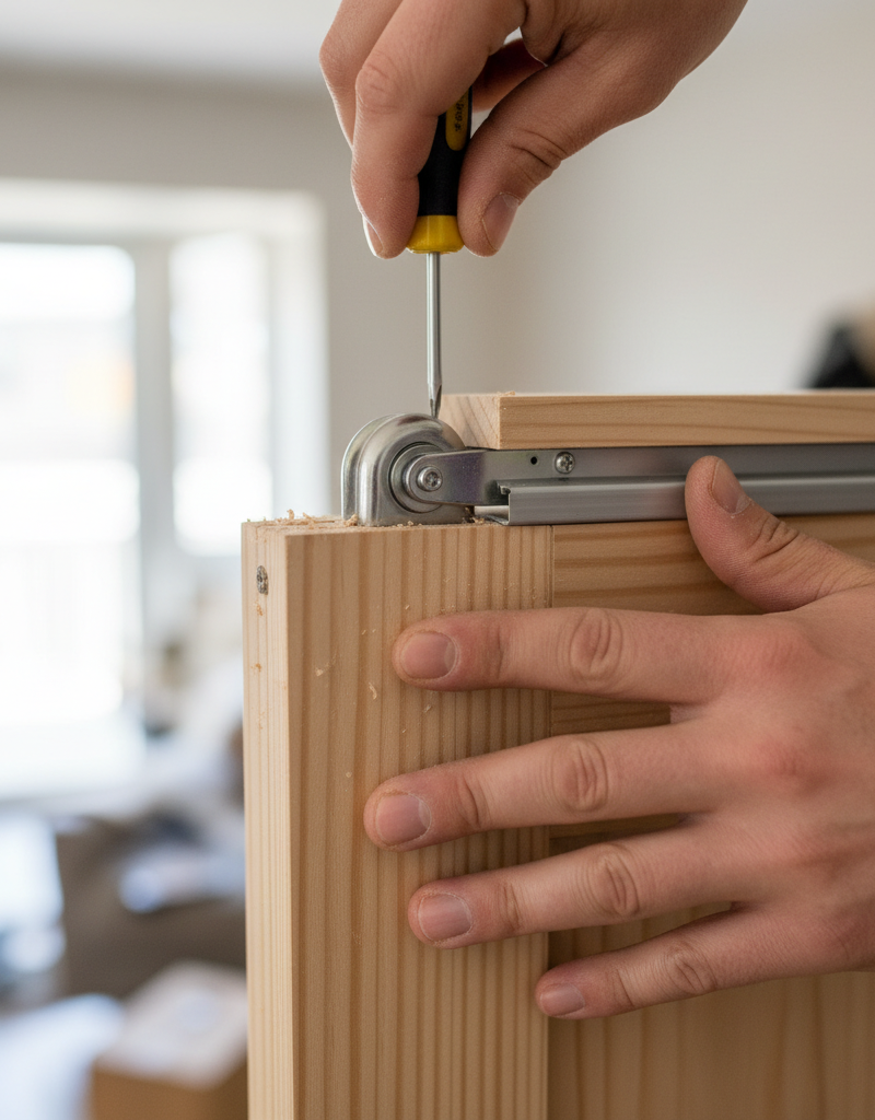 A person installing new roller hardware on the top of a sliding closet door that keeps falling off its track.