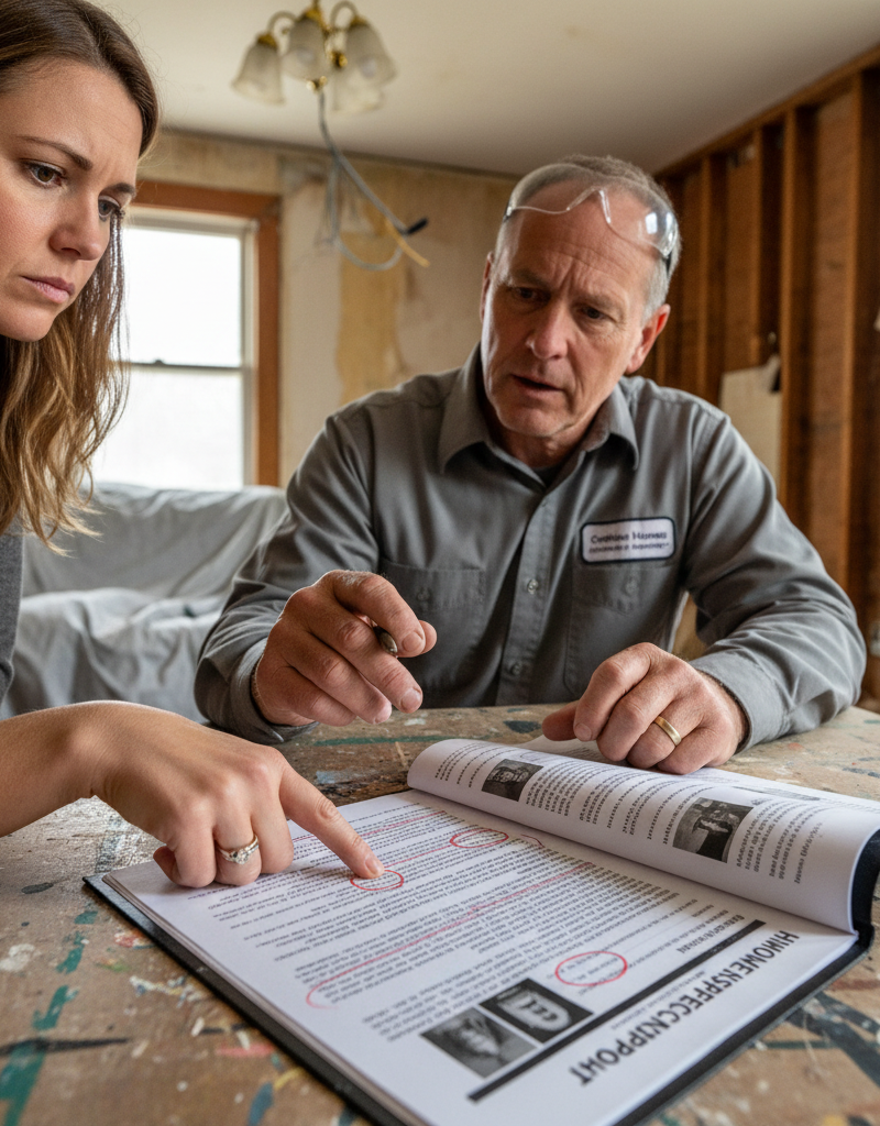 A concerned homebuyer and an inspector reviewing a home inspection report, highlighting the importance of identifying home inspection red flags.