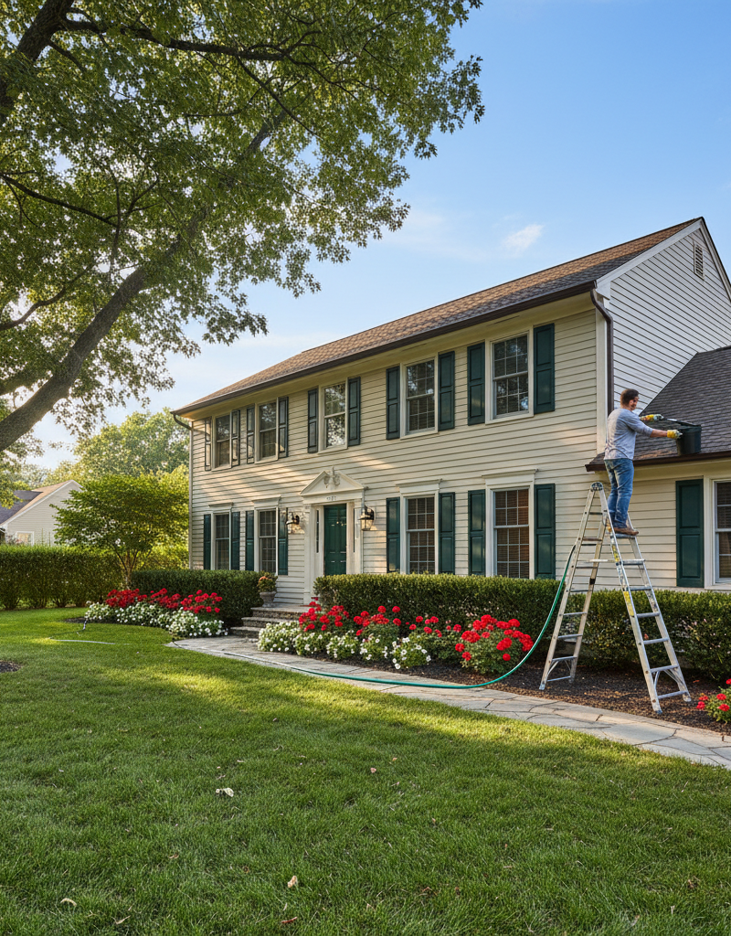A person on a ladder cleaning the gutters of a two-story home, an essential part of a seasonal home maintenance schedule.