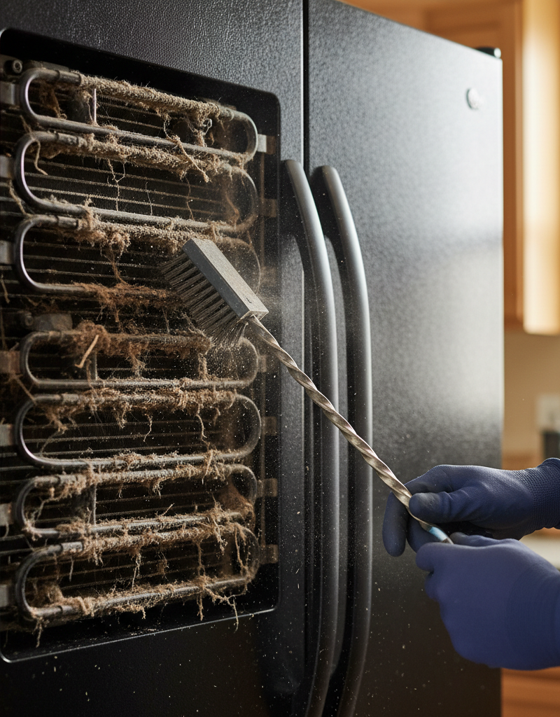 A homeowner cleaning the dirty condenser coils on their refrigerator to fix a loud humming noise.