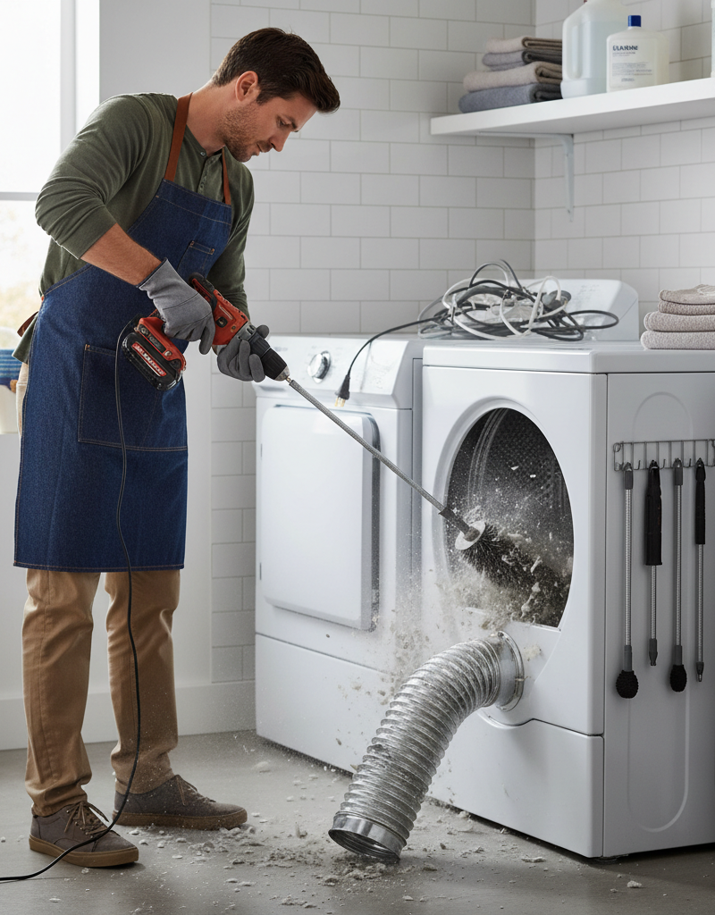 A person cleaning a clogged dryer vent with a rotary brush kit to prevent a house fire.