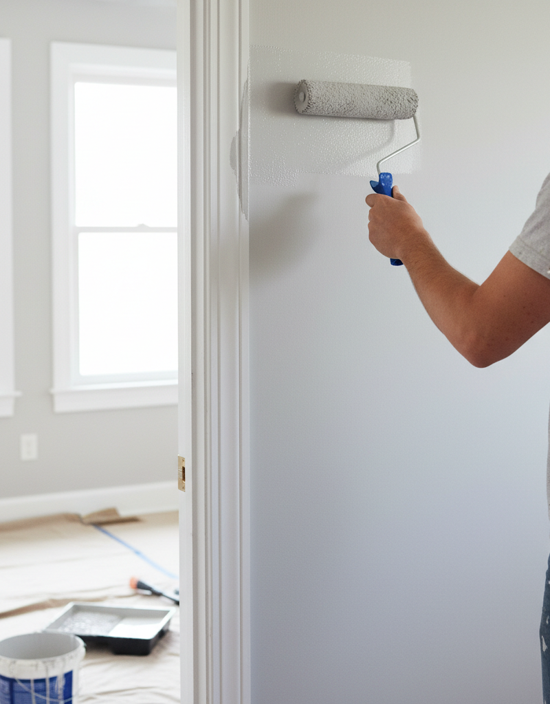 A person demonstrating the 'wet edge' painting technique by rolling over a wet, brushed edge next to a door frame.