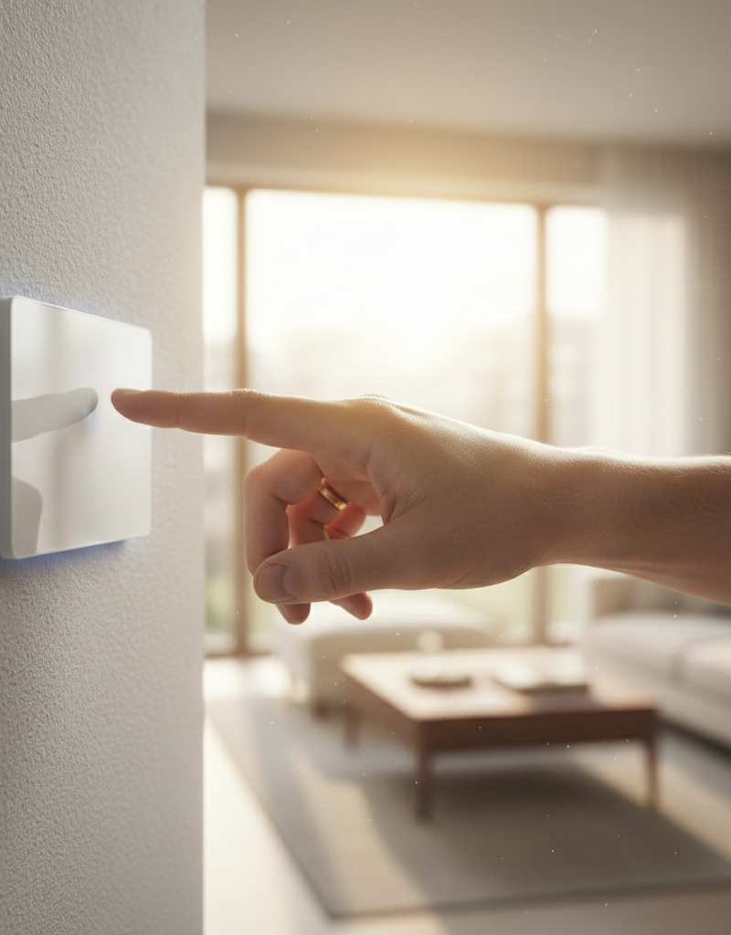 A hand touching a light switch on a wall, checking to see if it feels warm.