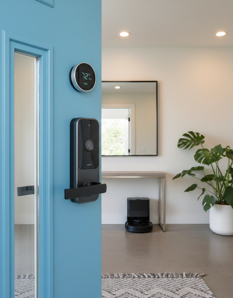 A front door with a stylish smart lock, representing a valuable smart home upgrade for resale.