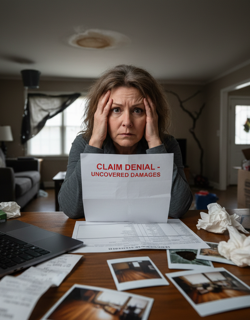 A homeowner reviews a denied insurance claim letter, surrounded by proof of damage.
