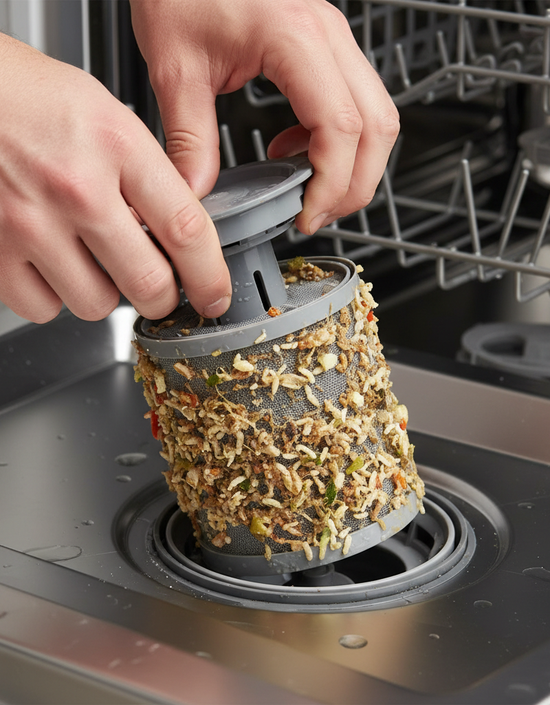 A person removing a dirty, clogged dishwasher filter from the bottom of a dishwasher.