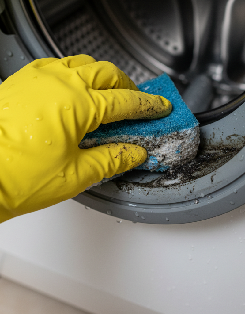 A person cleaning the mold and mildew from the rubber gasket of a front-loading washing machine door.