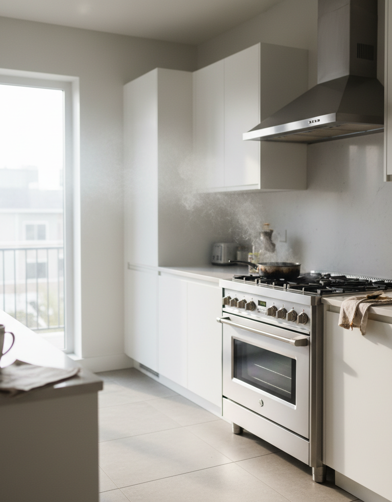 A stainless steel oven in a kitchen with a light haze of smoke in the air, illustrating the oven self-clean danger.