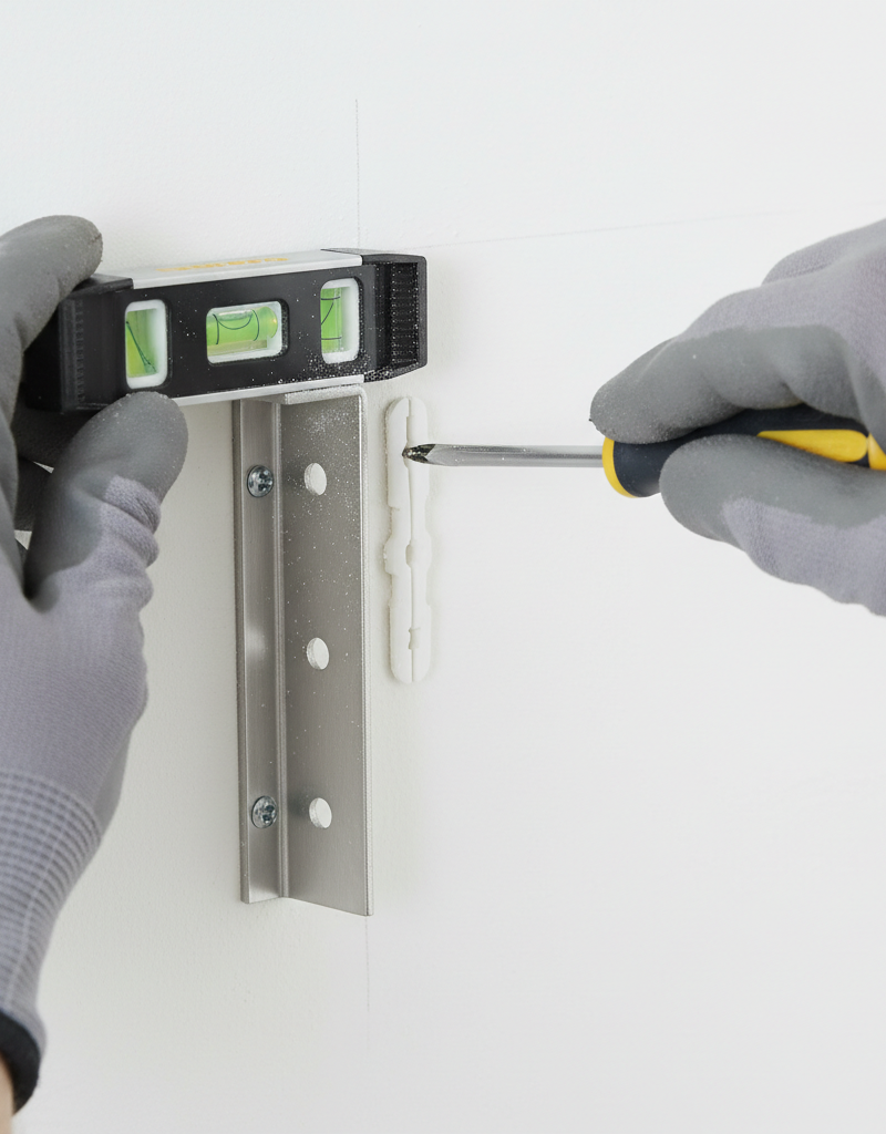 A homeowner securely fastening a heavy-duty shelf bracket to drywall using a toggle bolt anchor and a level.