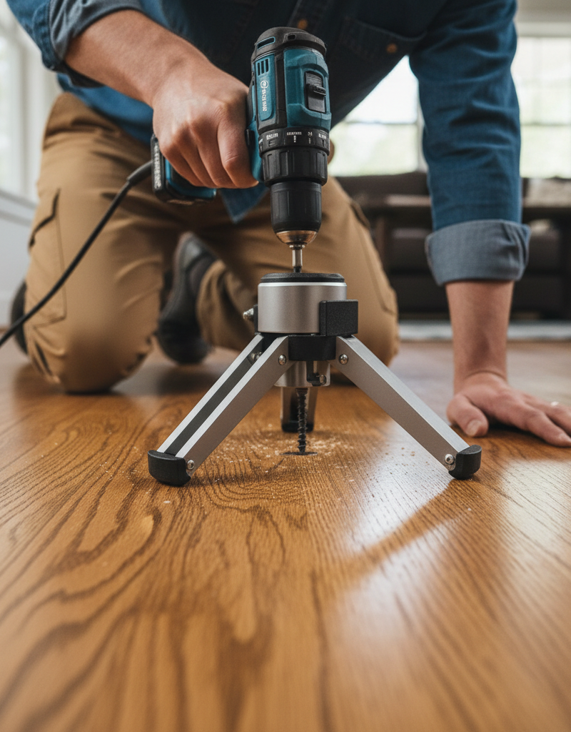 A person using a drill-powered tool kit designed to stop squeaky hardwood floors by driving a hidden screw into a floor joist.