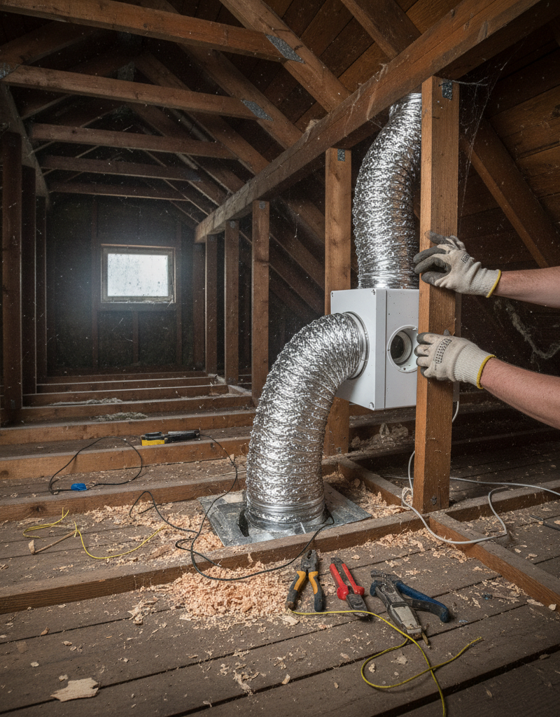 Installing insulated ductwork for a bathroom exhaust fan in an attic to prevent moisture damage.