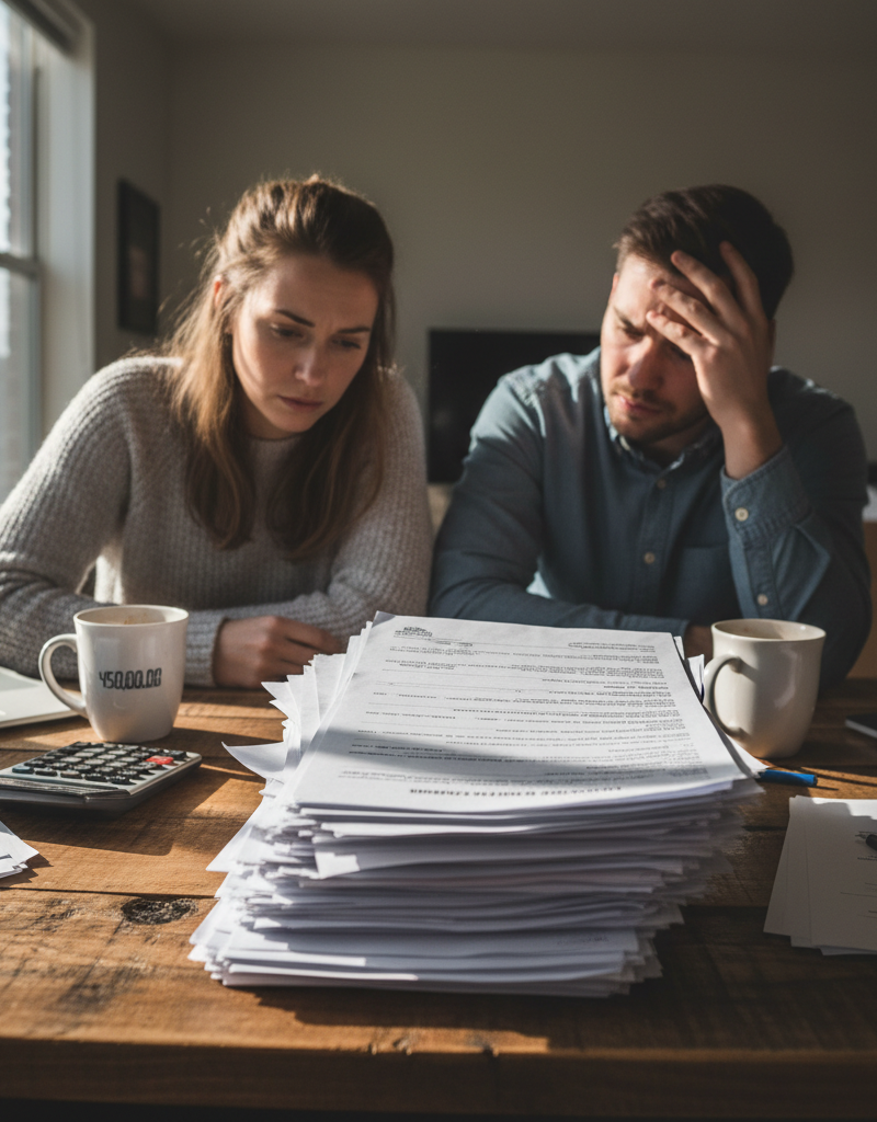 A couple looking worried while reviewing their mortgage closing documents, representing the stress of closing cost surprises.