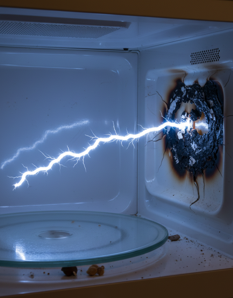A bright electrical spark inside a microwave, demonstrating the danger of a sparking microwave.
