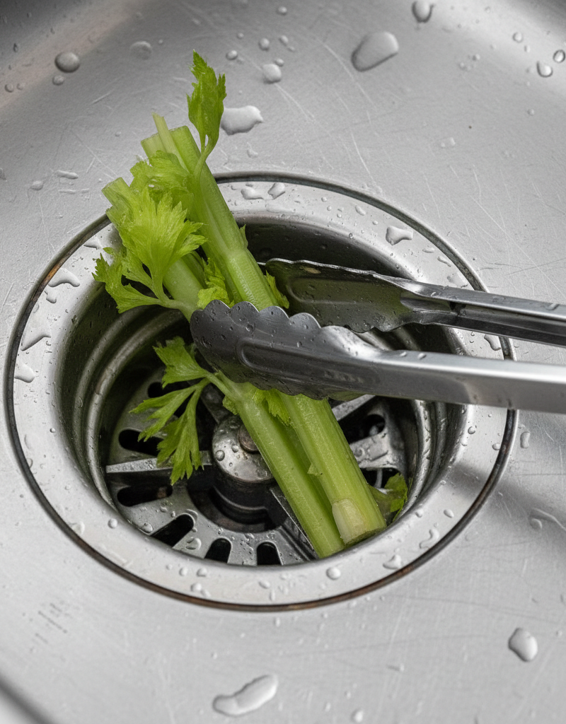 A pair of tongs carefully removing a piece of celery from a jammed garbage disposal, viewed from inside the kitchen sink.