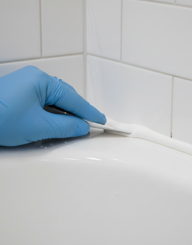 A professional applying a clean bead of white bathroom caulk along the edge of a bathtub and tile wall.
