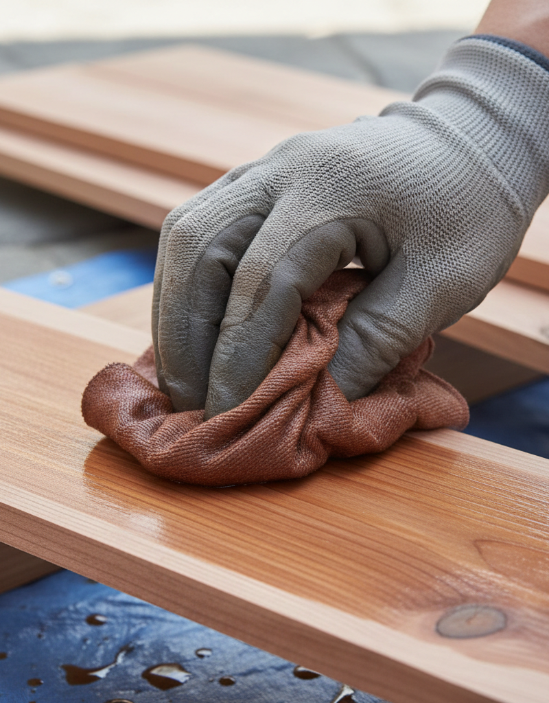 A hand wiping away excess deck stain from a newly finished board, demonstrating the correct technique to prevent peeling deck stain.