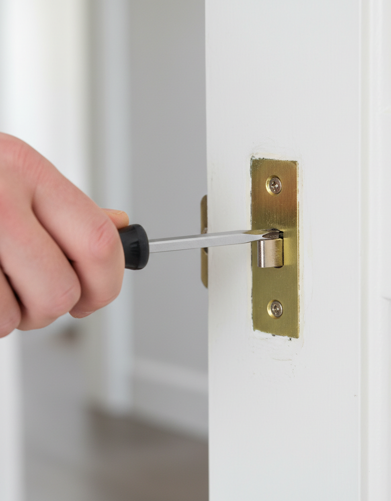 A person using a screwdriver to adjust the strike plate on a door that won't latch.