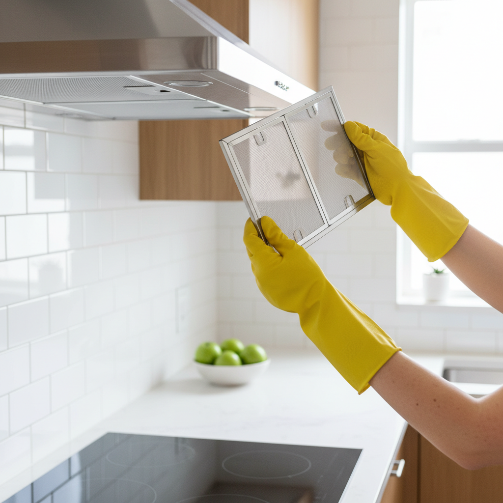A person holding a sparkling clean metal range hood filter, ready to be reinstalled into the hood above a stove.