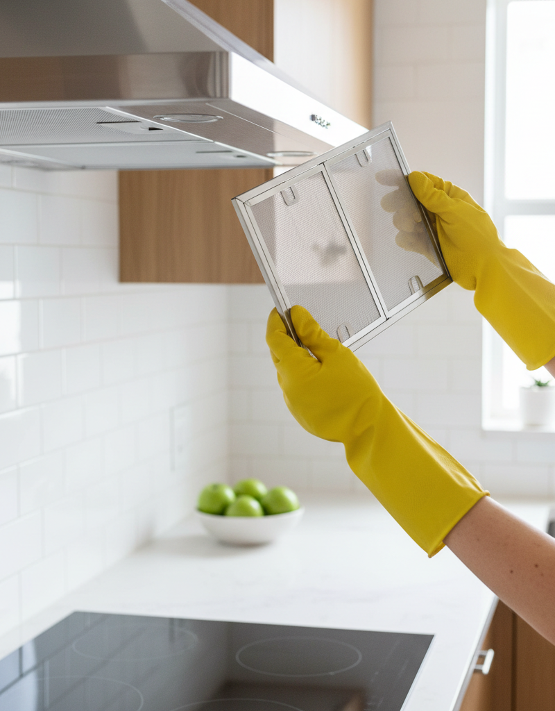 A person holding a sparkling clean metal range hood filter, ready to be reinstalled into the hood above a stove.