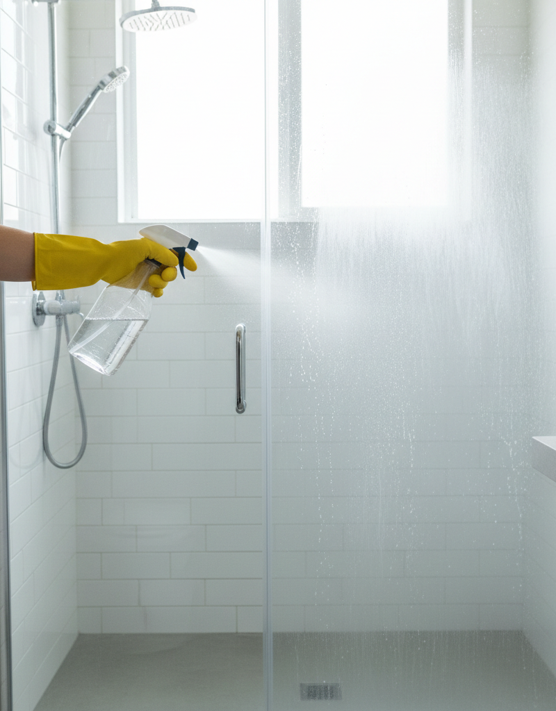 A person cleaning a glass shower door that is half-covered in hard water stains and half-crystal clear, demonstrating the cleaning process.
