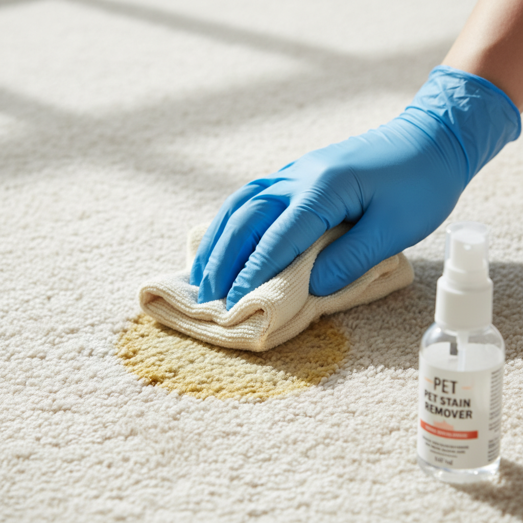 A person wearing gloves carefully blotting a fresh pet urine stain on a beige carpet with a clean white towel.