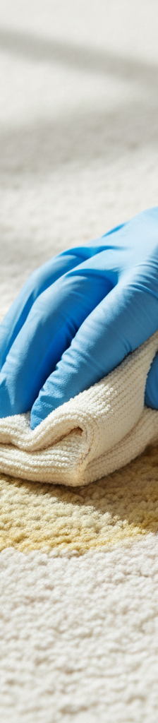 A person wearing gloves carefully blotting a fresh pet urine stain on a beige carpet with a clean white towel.