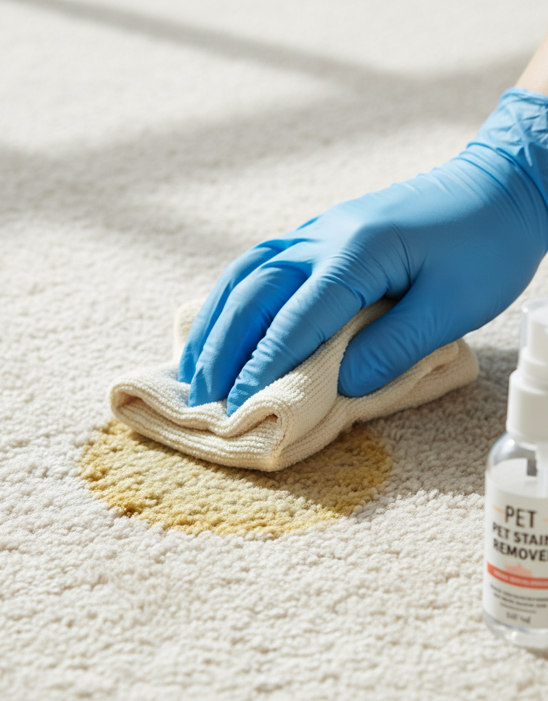 A person wearing gloves carefully blotting a fresh pet urine stain on a beige carpet with a clean white towel.