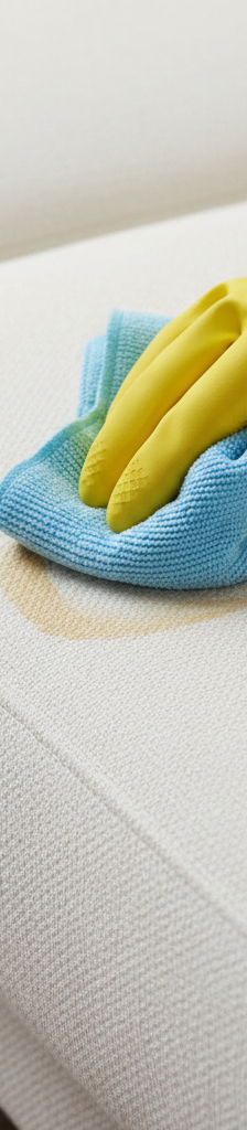 A person cleaning a stubborn stain on a white upholstered sofa using a microfiber cloth, demonstrating the proper blotting technique.