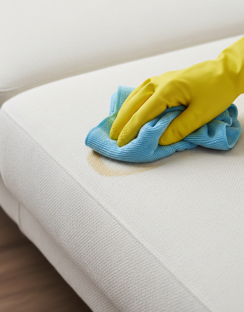 A person cleaning a stubborn stain on a white upholstered sofa using a microfiber cloth, demonstrating the proper blotting technique.
