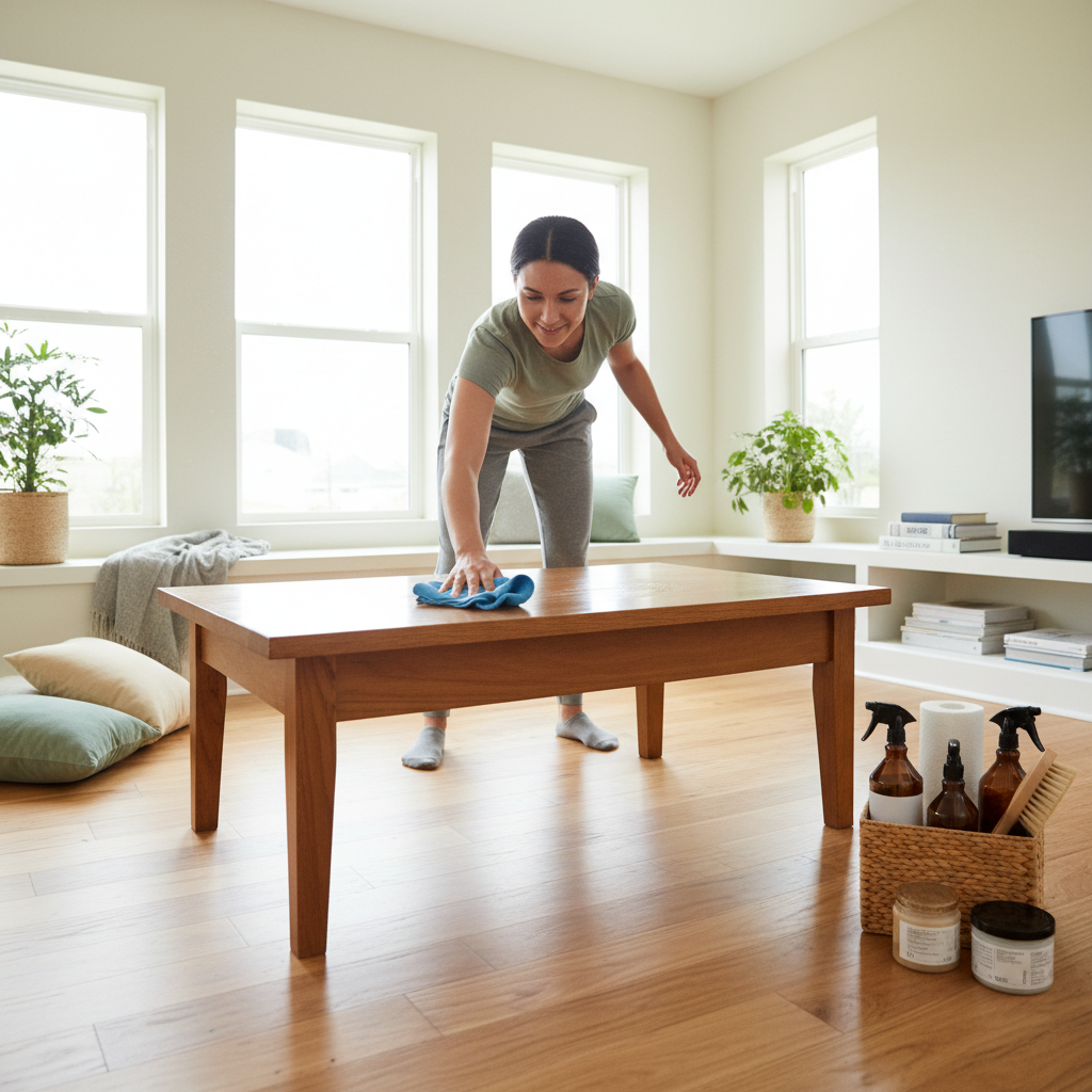 A person deep cleaning their living room on a sunny day, using a microfiber cloth on a coffee table with a caddy of supplies nearby.