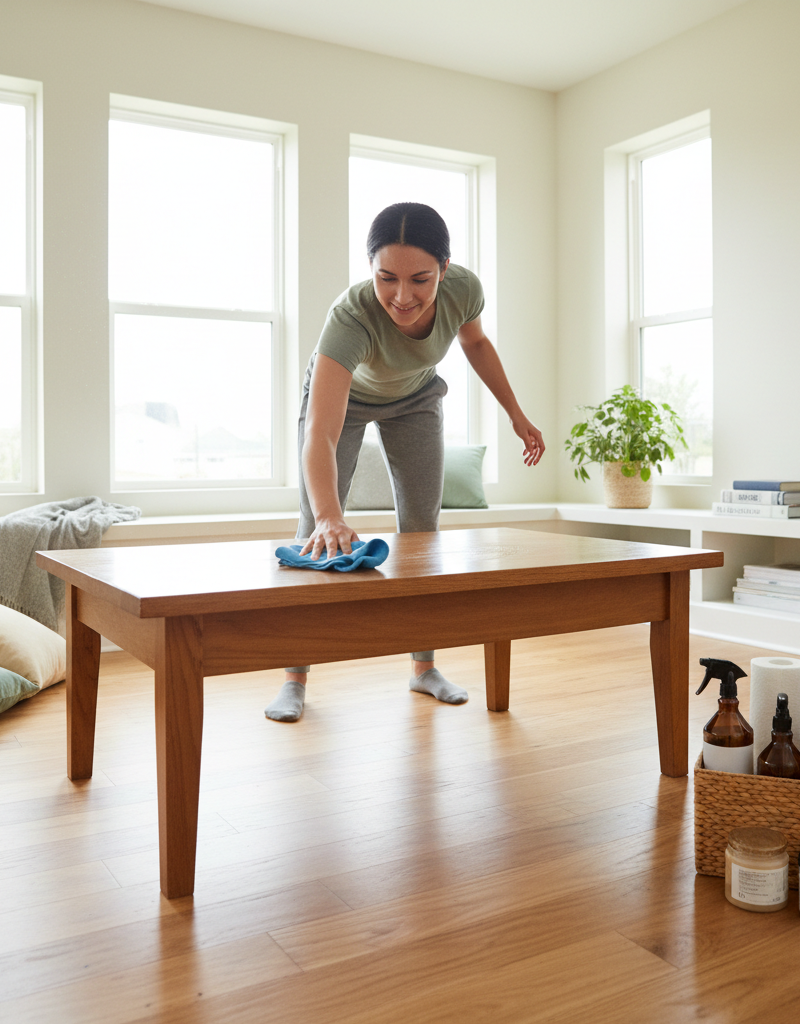 A person deep cleaning their living room on a sunny day, using a microfiber cloth on a coffee table with a caddy of supplies nearby.