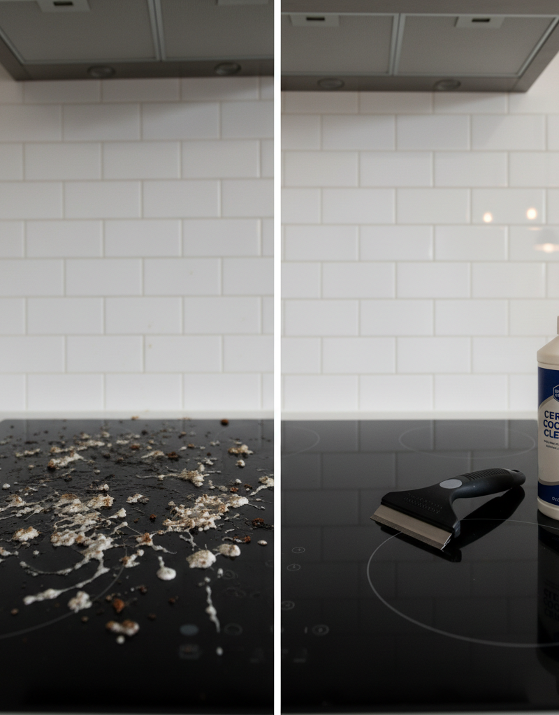 A split-view image showing a heavily burnt and stained glass stovetop on one side, and a perfectly clean, reflective stovetop on the other, demonstrating the cleaning results.