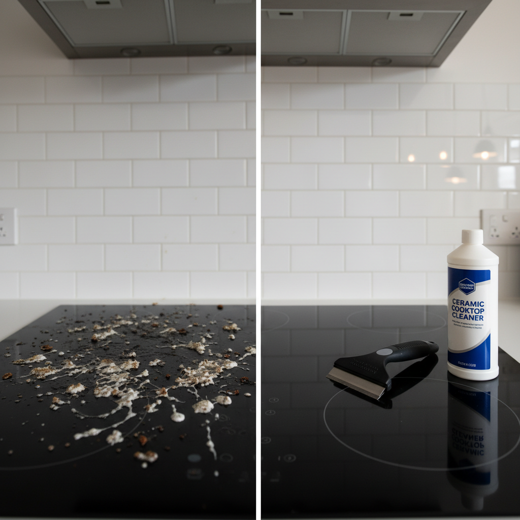A split-view image showing a heavily burnt and stained glass stovetop on one side, and a perfectly clean, reflective stovetop on the other, demonstrating the cleaning results.