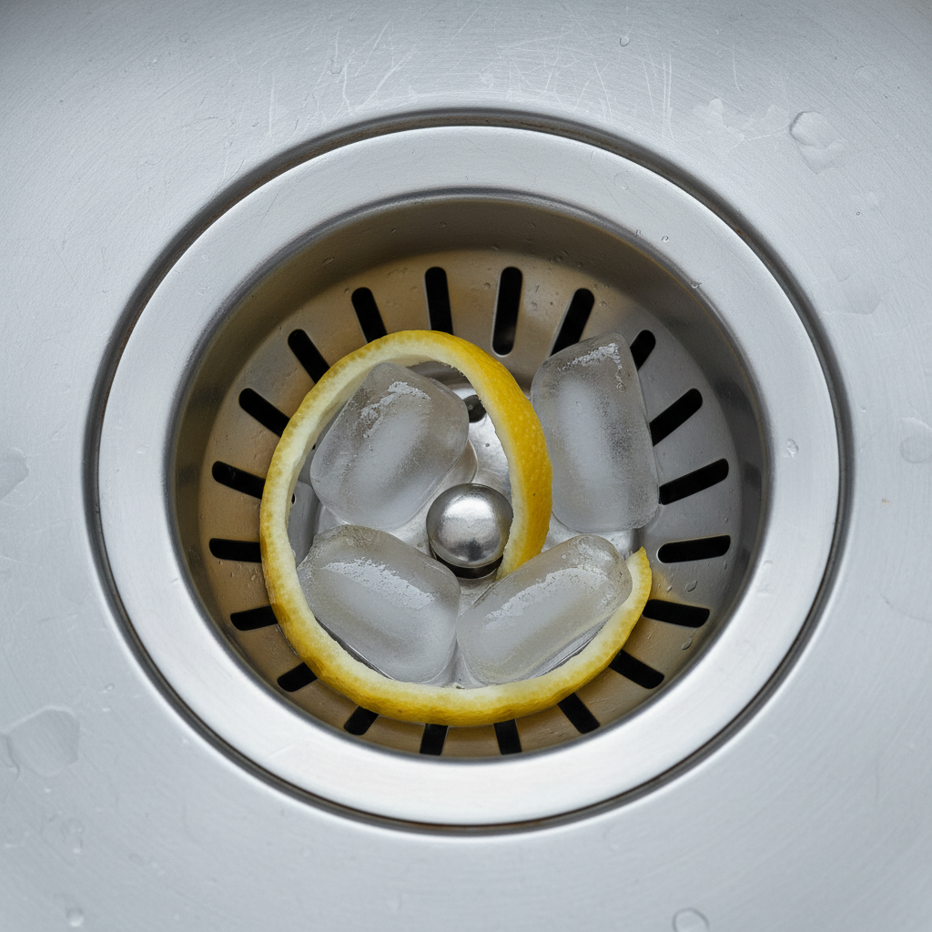A close-up view looking down into a freshly cleaned garbage disposal with ice cubes and lemon peel inside.