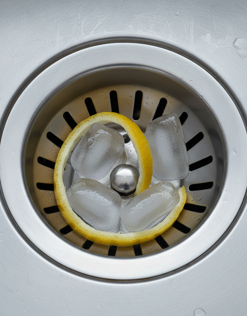 A close-up view looking down into a freshly cleaned garbage disposal with ice cubes and lemon peel inside.