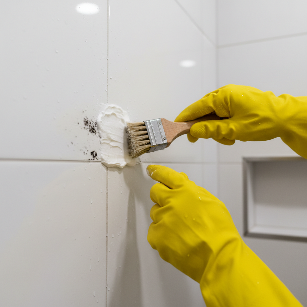 Applying a cleaning paste to black mold on shower caulk.