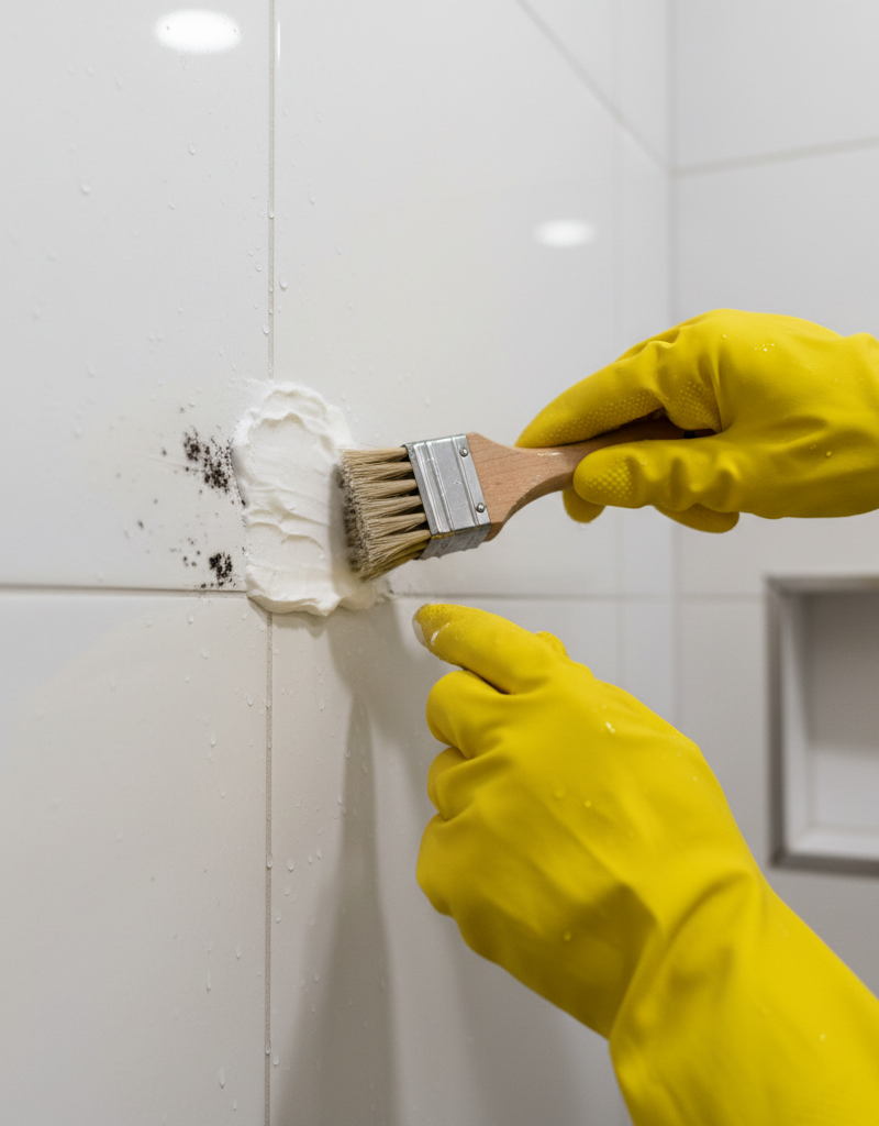 Applying a cleaning paste to black mold on shower caulk.