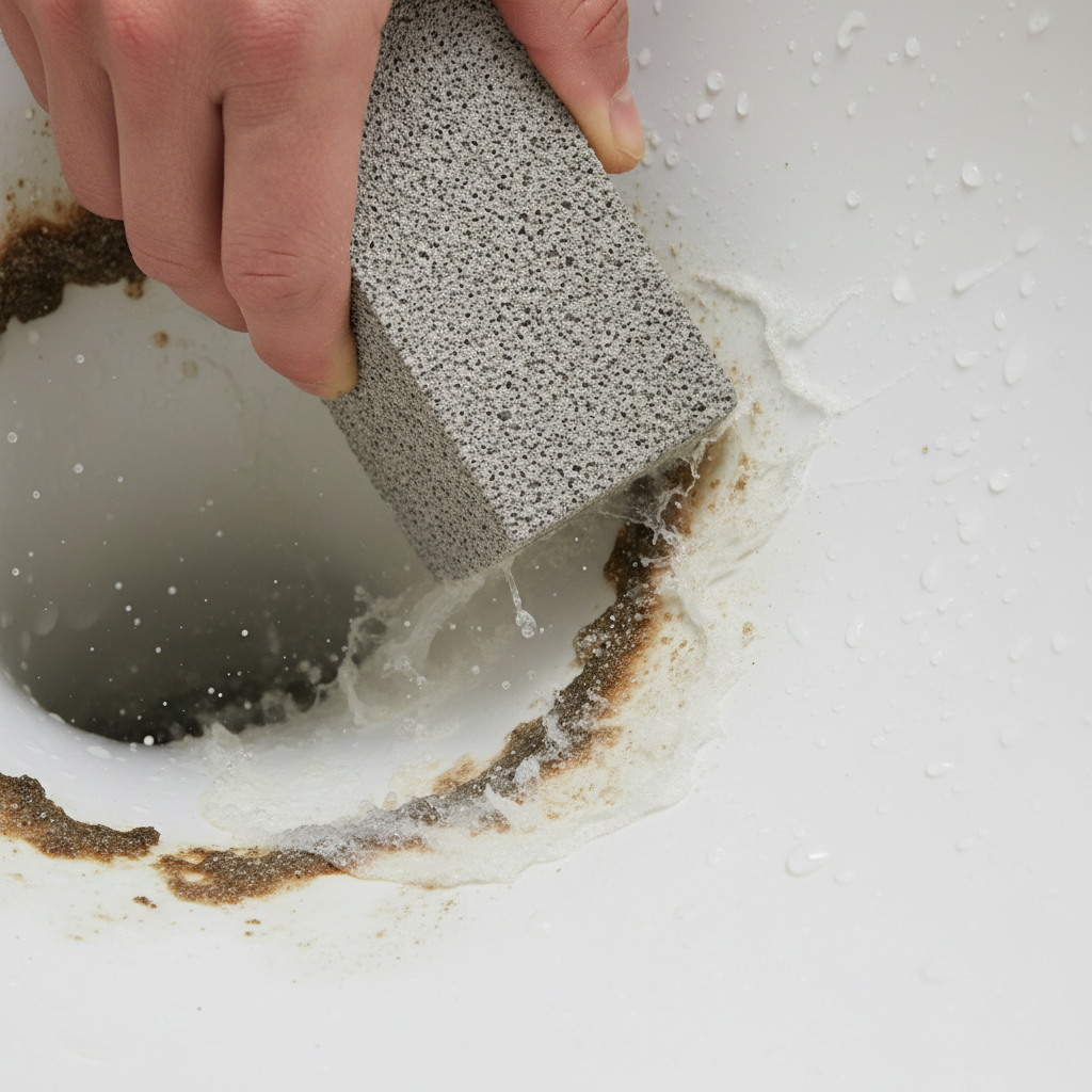 A person wearing gloves uses a pumice stone to scrub a hard water ring inside a toilet bowl.