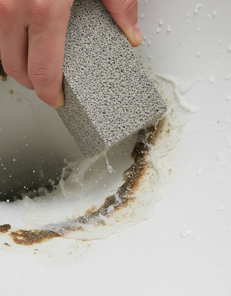 A person wearing gloves uses a pumice stone to scrub a hard water ring inside a toilet bowl.